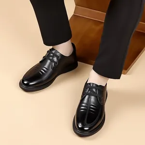 Men's black genuine leather business casual shoes with soft sole and lace-up design