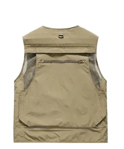 Detail of the back view of a khaki breathable mesh utility vest for outdoor sports.