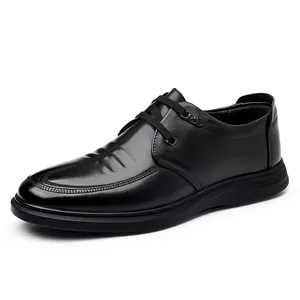 Classic black men's genuine leather business casual shoes with soft soles for daily office wear