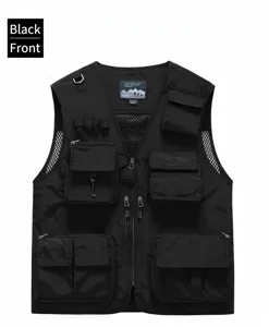 Front view of men's multi-pocket cargo vest in black with breathable mesh lining