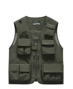 Army green multi-pocket outdoor utility vest featuring breathable mesh lining and zipper