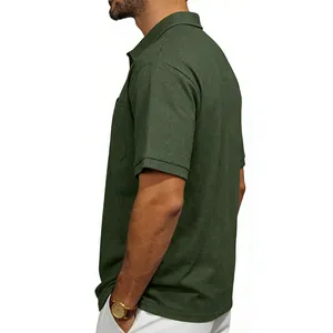 Detail side view of men's olive green oversized heavy-weight casual lapel Polo shirt.
