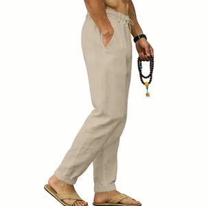 Locker geschnittene Herren-Leinenhose mit Kordelzug in Beige, gerade Form
