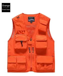 Detailed front view of men's orange multi-pocket tactical work vest with mesh lining