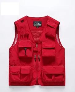 Front view of a red multi-pocket outdoor utility vest with breathable mesh lining