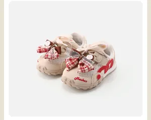 Adorable toddler girls' breathable mesh sneakers with decorative red plaid bow accents