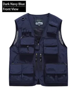 Detailed front view of navy blue multi-pocket utility outdoor vest with breathable mesh lining
