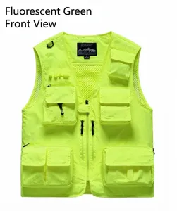 Front view of neon green multi-pocket utility vest for men with mesh breathable lining