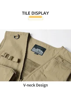 Detail shot of khaki utility vest featuring V-neck design and breathable mesh lining