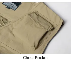 Close-up view of the large utility chest pocket on a khaki outdoor tactical vest
