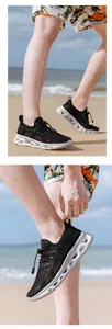 Breathable black mesh outdoor sneakers with hollow thick sole for summer beach activities