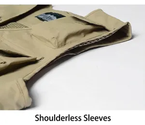 Close-up detail of the sleeveless armhole design on a khaki outdoor tactical vest
