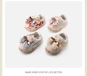 Detailed view of breathable mesh toddler shoes in four colors with bow accents.