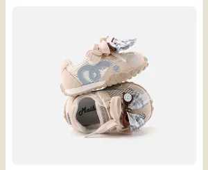 Close-up detail of breathable mesh toddler girl sneaker with cute decorative bow