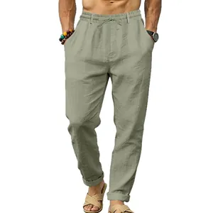 Lässige Herren-Leinenhose mit geradem Bein und Kordelzug in Salbeigrün für den Urlaub