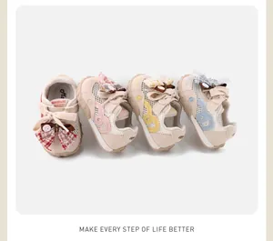 Group display of breathable toddler mesh shoes in various colors with decorative bows