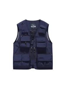Professional men's multi-pocket outdoor work vest with breathable mesh back in navy blue