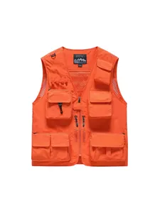 Men's bright orange multi-pocket utility vest with breathable mesh lining