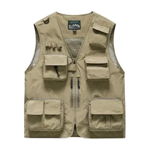 Men's khaki multi-pocket utility vest with breathable mesh lining for outdoor sports