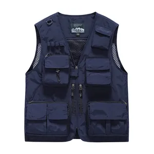 Navy blue mens multi-pocket utility vest with mesh lining for outdoor sports and travel
