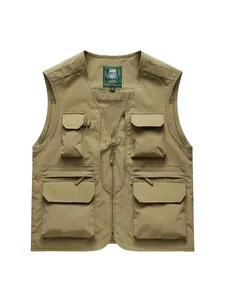 Professional men's khaki multi-pocket outdoor utility fishing vest with V-neck design