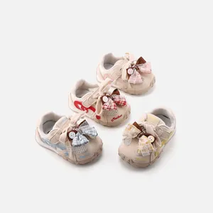 Breathable toddler girls mesh sneakers with large plaid bows in multiple pastel colors