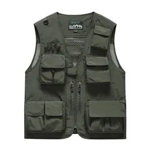 Men's dark green multi-pocket utility vest for outdoor fishing, photography, and travel