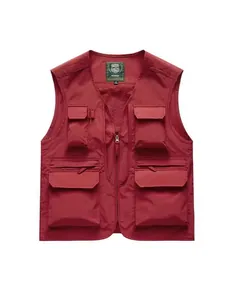 Red outdoor utility vest for men with multi-pocket design for fishing and photography