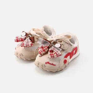 Cute toddler girls breathable mesh sneakers with red gingham bows and anti-slip soles