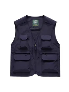 Navy blue multi-pocket fishing vest with v-neck for men, lightweight outdoor waistcoat
