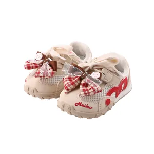 Toddler girls breathable mesh sneakers with cute red plaid bows and anti-slip sole