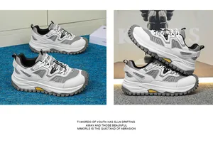 Detailed view of grey and white mesh safety shoes with durable MD soles for work