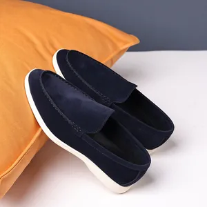Premium navy blue suede loafers for men, vintage British style slip-on driving shoes
