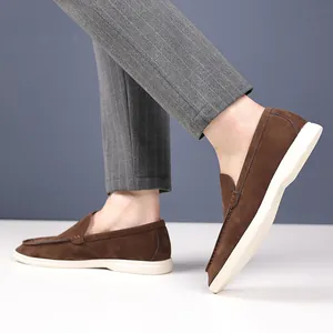 Men's brown suede English style loafers with white sole casual slip-on design for summer