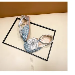 Elegant silver and blue glitter girls' hollow sandals with rhinestone flower for parties