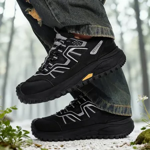 Black breathable fly-knit safety shoes with puncture-resistant MD sole for outdoor work