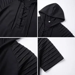 Herren-Kapuzen-T-Shirt in Schwarz mit Schnürung und plissierten Schulter- und Ärmeldetails.