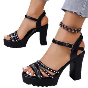Sandalias de plataforma para mujer con tacón de bloque, correa tachonada y purpurina