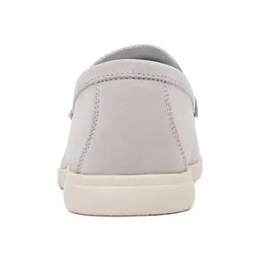 Close-up rear view of grey suede loafers with heel stitching and white rubber sole