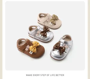Detailed view of toddler girl bow sandals in various colors with soft sole design
