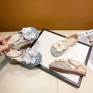 Elegant girls' glitter princess sandals with satin bow decoration and T-strap design