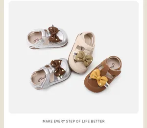 Toddler girls' spring soft-sole shoes with cute bow details in silver, beige, and brown