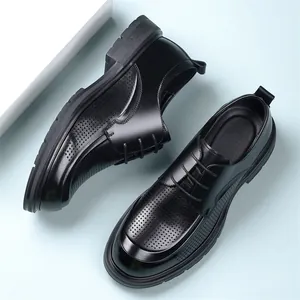 Men's black perforated leather oxford shoes for summer business casual formal wear