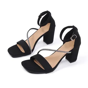 Elegant black chunky high heel sandals with sparkling rhinestone strap for women