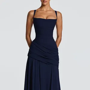 Detail of navy blue ruched sleeveless dress with square neckline and slim fit design