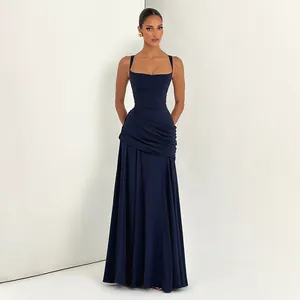 Elegant navy blue floor-length gown featuring square neck and draped waist detail