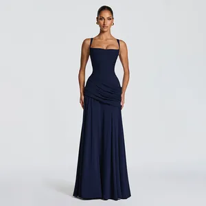 Elegant navy blue square neck maxi dress with pleated waist and beautiful draped skirt detail