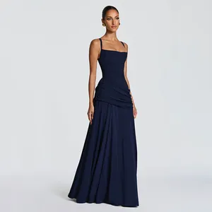 Elegant navy blue pleated evening maxi dress with square neckline and slim silhouette