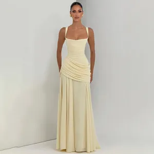 Elegant cream yellow square neck pleated evening gown with draped waist detail