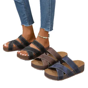 Retro women's crisscross platform sandals in black, brown, and blue with non-slip thick soles.